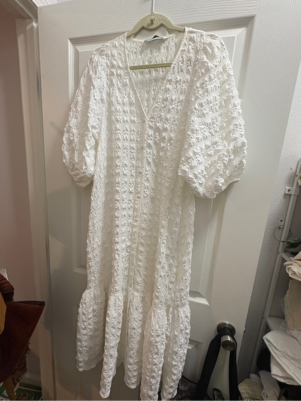 Zara White Textured Puff-Sleeve Maxi Dress